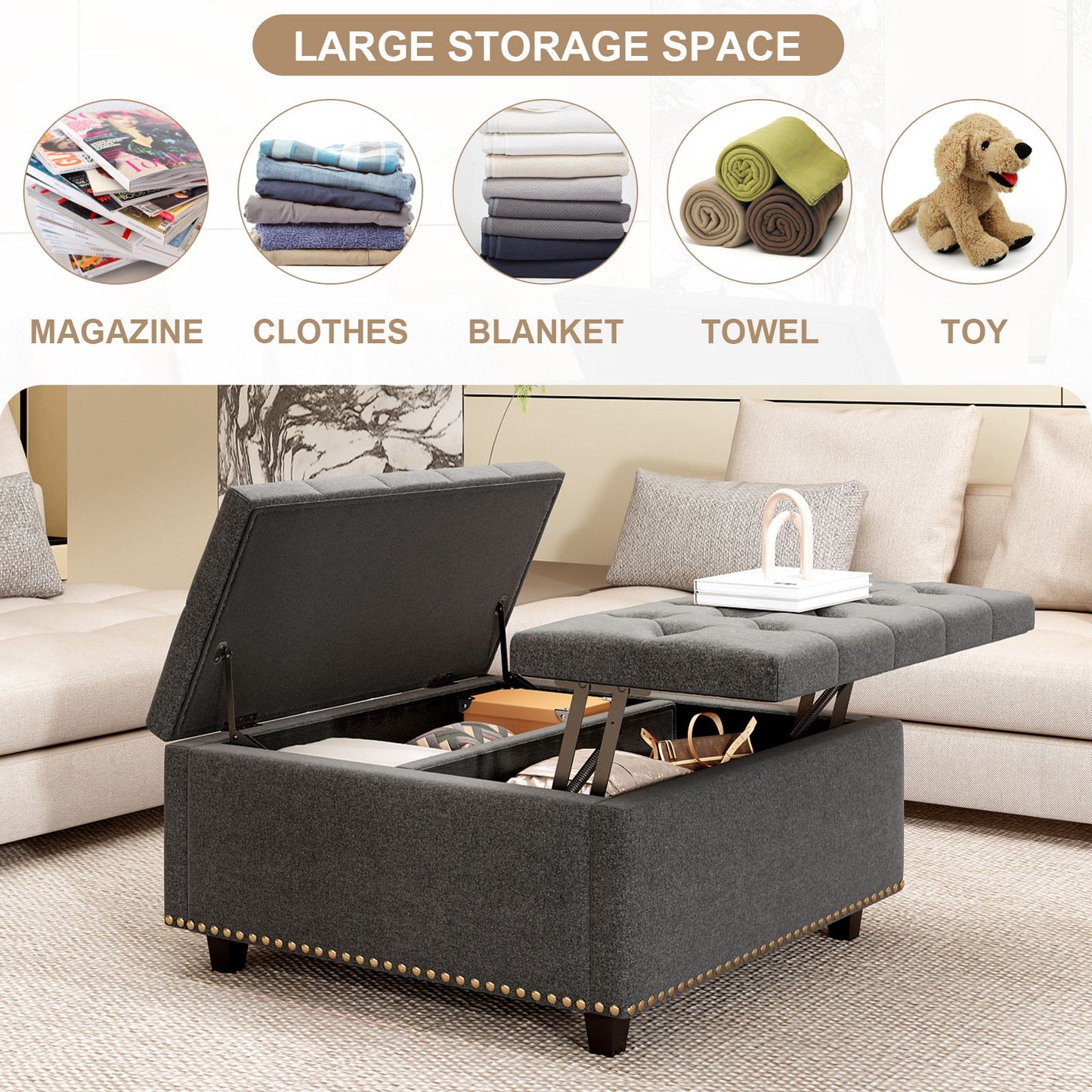 Massive Square Storage Bench, Footstool With 2 Storage Doors, Mid - Century Modern Coffee Table For Living Room, Nailhead Inlay - Dark Gray