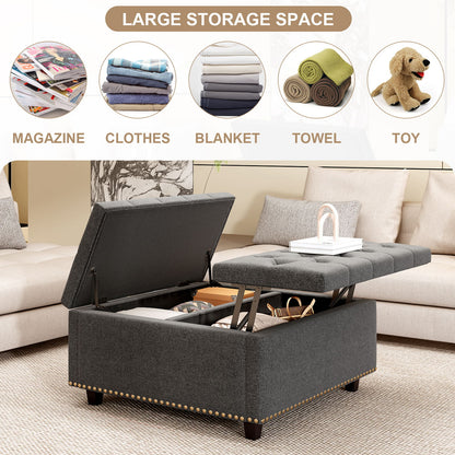 Massive Square Storage Bench, Footstool With 2 Storage Doors, Mid - Century Modern Coffee Table For Living Room, Nailhead Inlay - Dark Gray