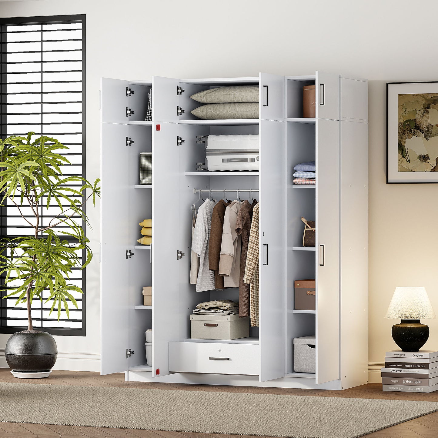 Contemporary 4 Door Wardrobe With Drawer And Top Cabinet - White