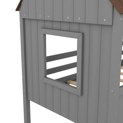 Twin Size Low Loft House Bed With Two Side Windows - Gray / Brown
