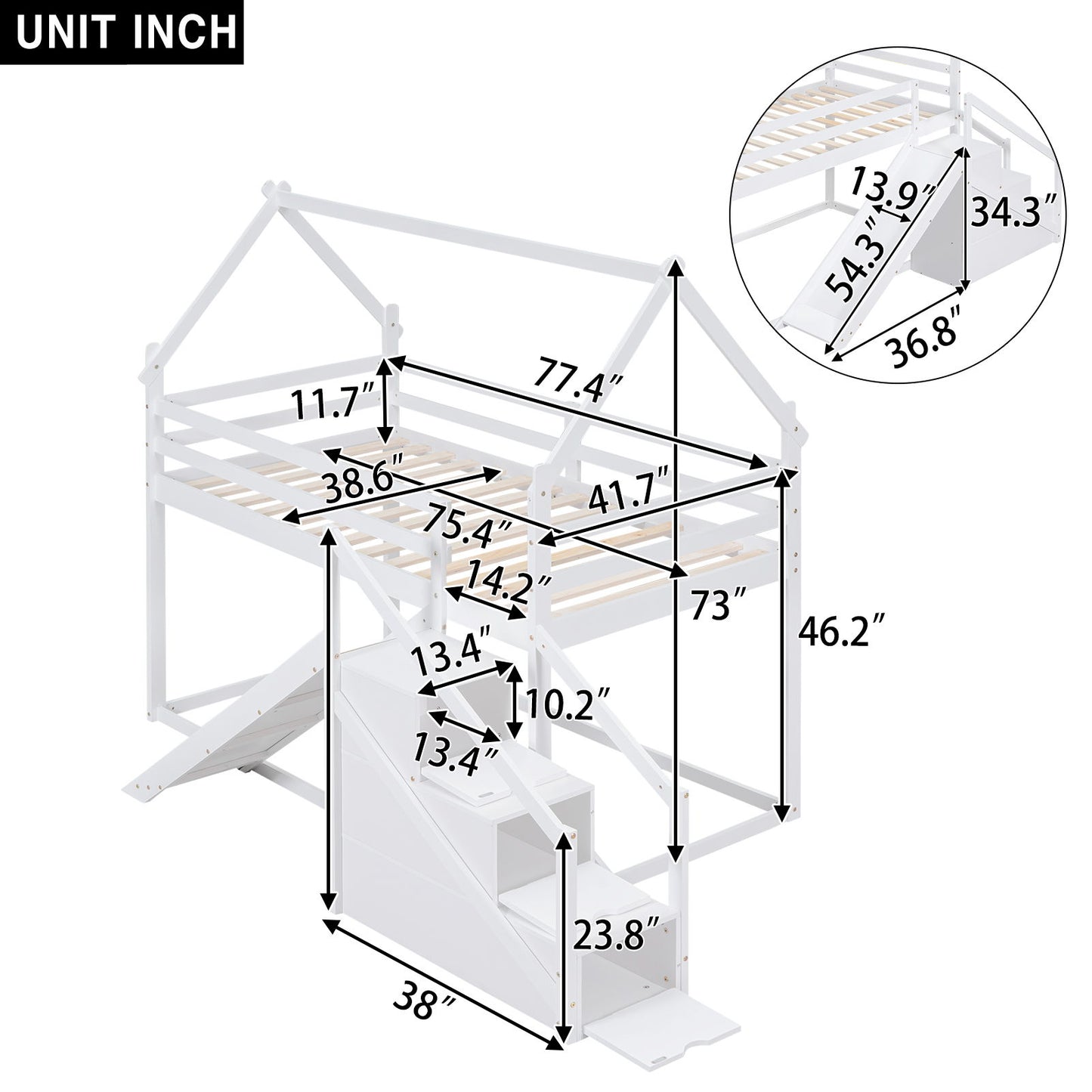Twin Over Twin House Loft Or Bunk Bed With Slide And Staircase - White