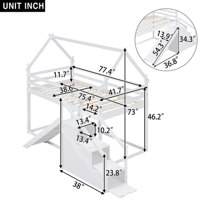 Twin Over Twin House Loft Or Bunk Bed With Slide And Staircase - White
