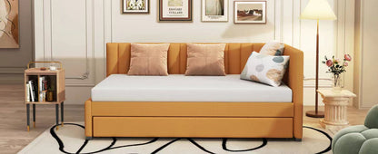 Upholstered Daybed With Trundle Twin Size Sofa Bed Frame No Box Spring Needed, Linen - Yellow