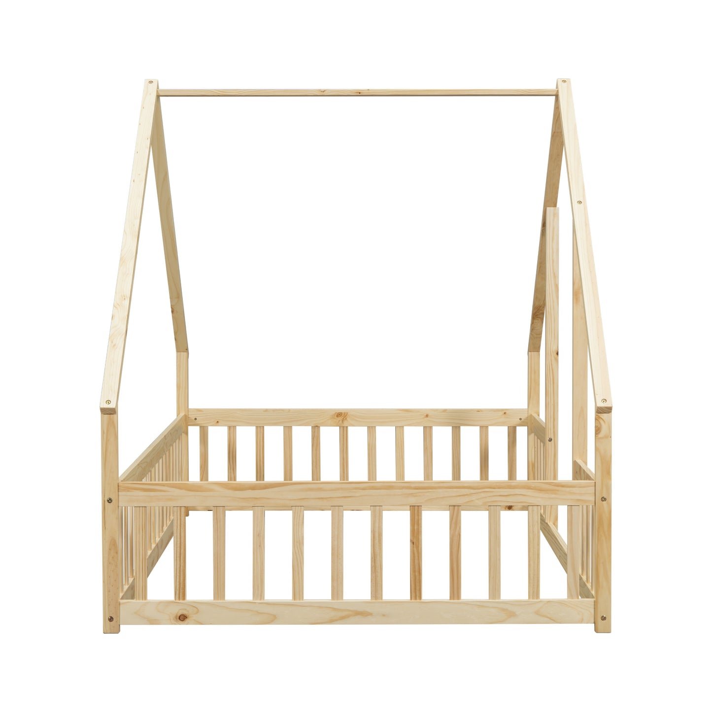 Full Wood House-Shaped Floor Bed With Fence, Guardrails - Natural