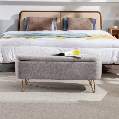 Storage Ottoman Bench For End Of Bed Gold Legs, Modern Gray Faux Fur Entryway Bench Upholstered Padded With Storage For Living Room Bedroom - Gray