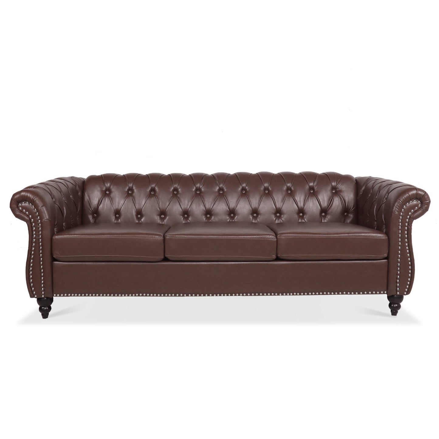 Rolled Arm Chesterfield Three Seater Sofa - Dark Brown