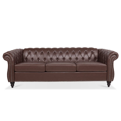Rolled Arm Chesterfield Three Seater Sofa - Dark Brown