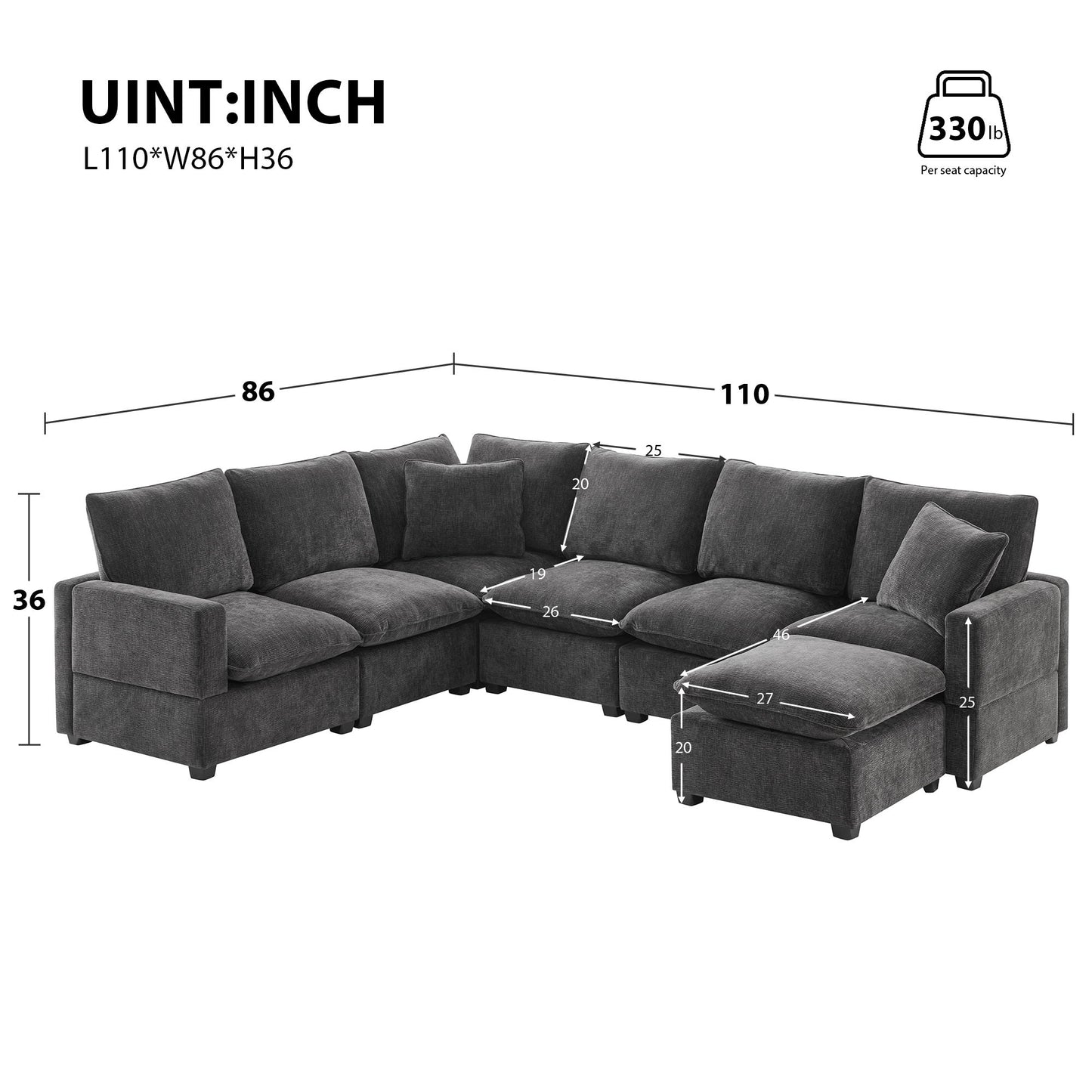 Modern U-Shape Modular Sofa, 7 Seat Chenille Sectional Couch Set With 2 Pillows Included, Freely Combinable Indoor Funiture - Black / Gray