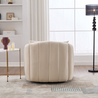 Upholstered Oversized 360 Degree Swivel Accent Barrel Chair And Half Cozy Sofa With 3 Pillows, Channel Tufted Pumpkin Shape Club Armchair For Living Room, Bedroom, Office, Lounge - Beige
