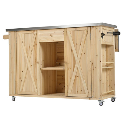 Outdoor Kitchen Island Fir Wood Kitchen Island With Stainless Steel Top, Ample Storage Space, Towel And Spice Racks And A Bottle Opener For Outdoor - Natural