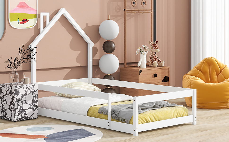 Twin Size Wood Bed With House-Shaped Headboard Floor Bed With Fences - White