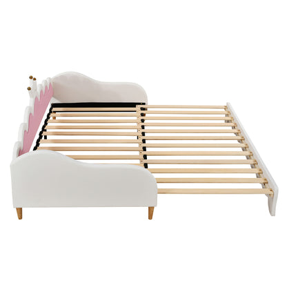 Twin Extending Daybed With LED Lights, Modern Upholstered Princess Daybed With Crown Headboard - White