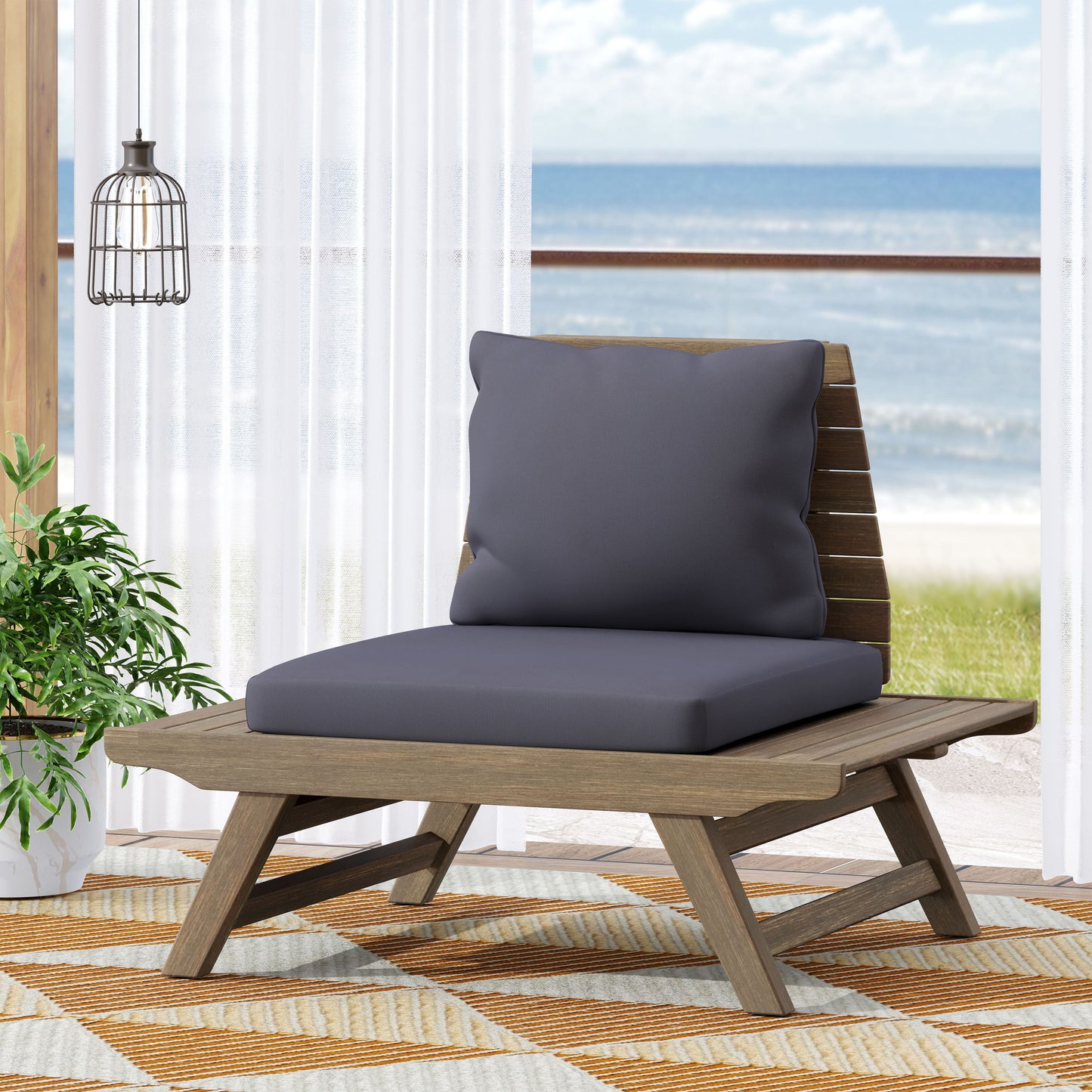 Outdoor Club Chair With Slatted Design And Water Resistance Cushion - Dark Gray