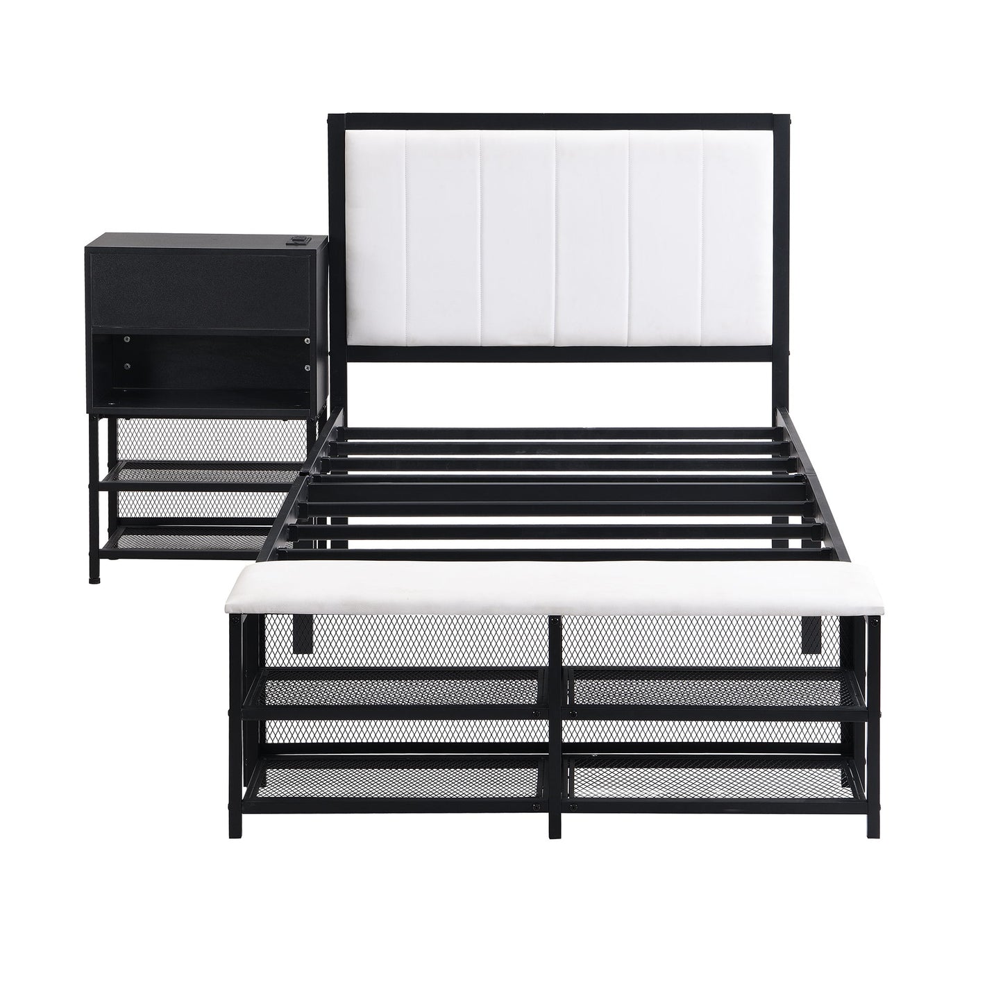 Twin Size Platform Bed With 2 Tier Storage Shelves, Storage Cabinet - Black