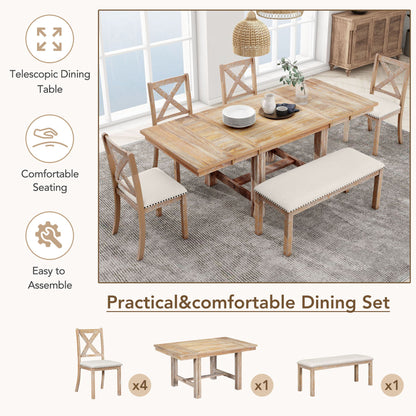 Topmax - 6 Piece Farmhouse Extendable Dining Table With Footrest, 4 Upholstered Dining Chairs And Dining Bench, Two 11" Removable Leaf - Natural / Beige