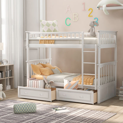 Twin Over Twin Bunk Bed With Drawers, Convertible Beds - White