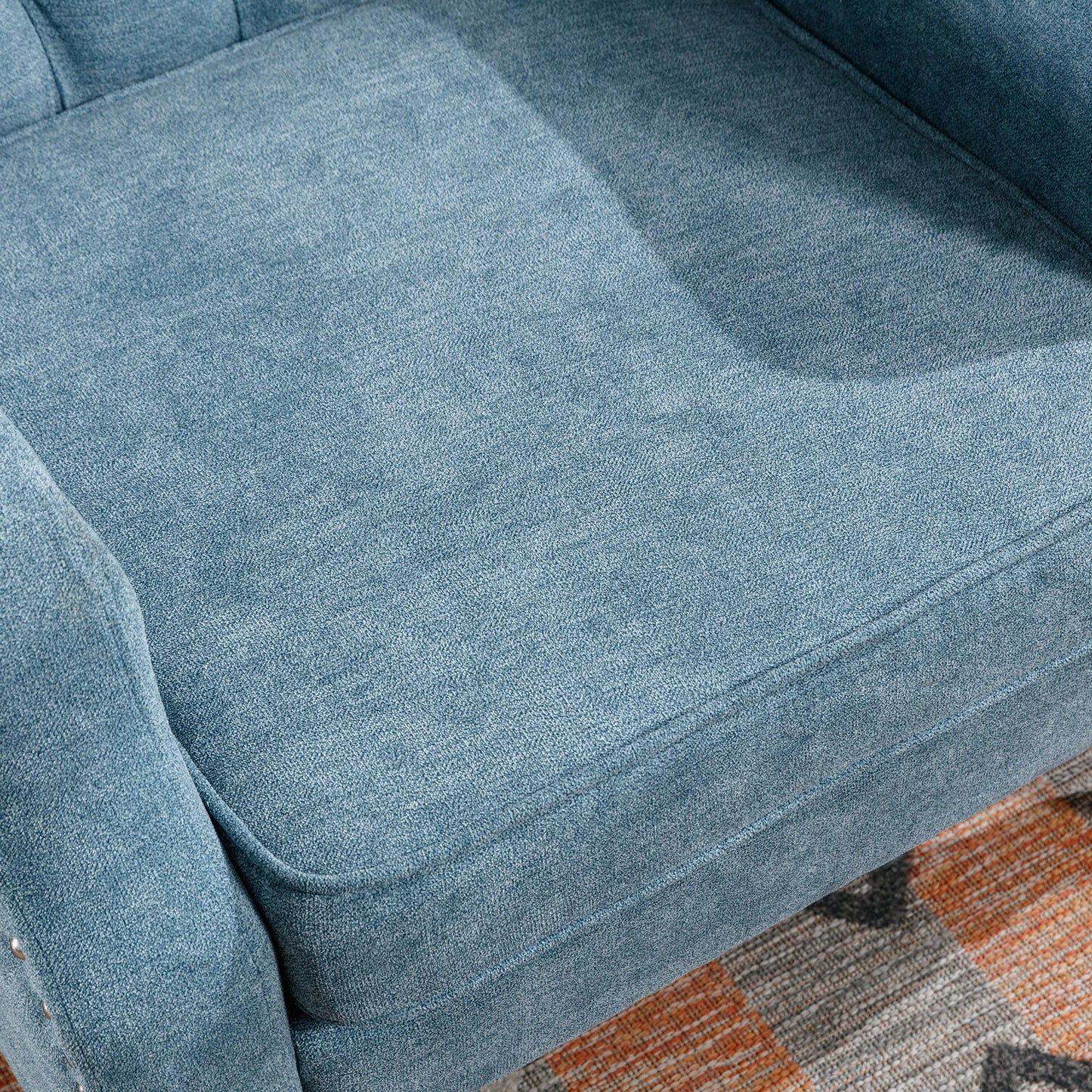 Accent Chair, Living Room Chair, Footrest Chair Set With Vintage Brass Studs, Button Tufted Upholstered Armchair For Living Room, Comfy Reading Chair For Bedroom, Reception Room - Blue