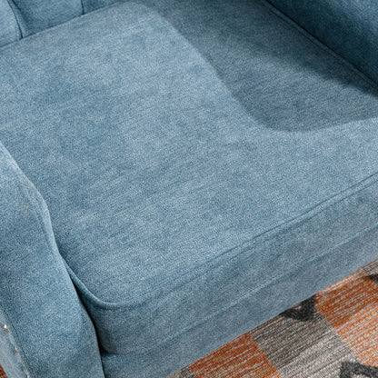 Accent Chair, Living Room Chair, Footrest Chair Set With Vintage Brass Studs, Button Tufted Upholstered Armchair For Living Room, Comfy Reading Chair For Bedroom, Reception Room - Blue