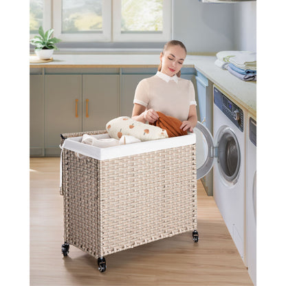 Laundry Hamper With Lid PE Rattan Powder Coating Frame Clothes Hampers With 2 Removable Bags, Wheels, 160L - Gray