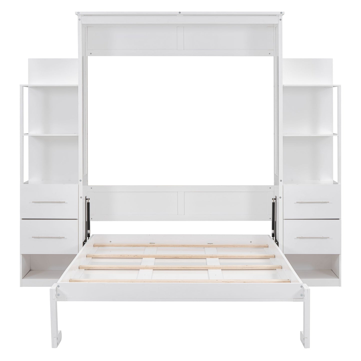Full Size Murphy Wall Bed With Shelves, Drawers And LED Lights - White