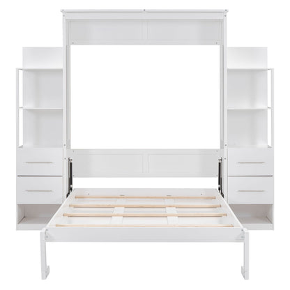 Full Size Murphy Wall Bed With Shelves, Drawers And LED Lights - White