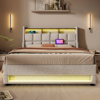 Queen Size Upholstered Platform Bed With A Hydraulic Storage System, LED And USB Charging (Without Mattress) - Natural