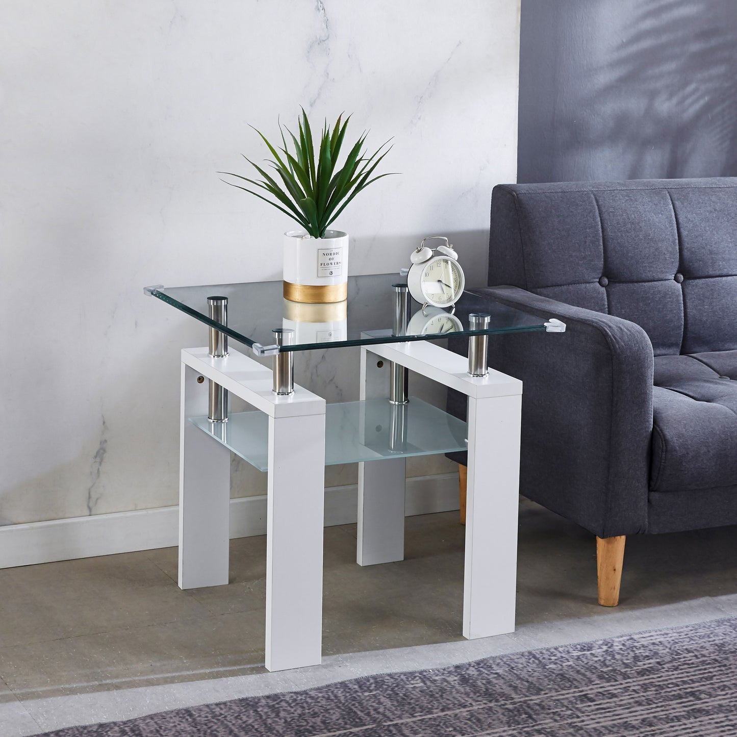 Clear Glass Top Side Table, End Table, Modern Design For Home - White