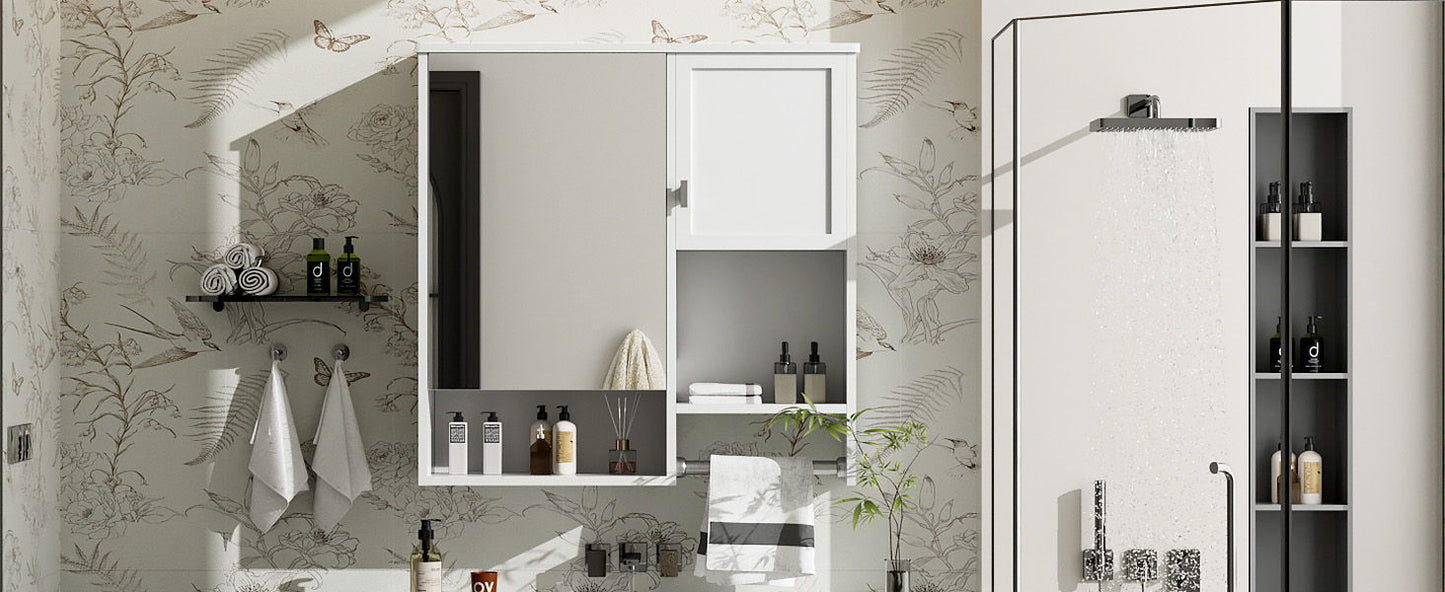 Modern Wall Mounted Bathroom Medicine Cabinet, Bathroom Wall Storage Cabinet With Mirror, Over The Toilet Space Saver Cabinet With Towels Bar - White