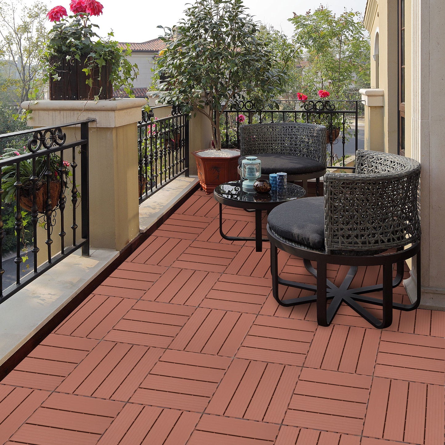 Plastic Interlocking Deck Tiles, (Set of 44), Patio Flooring Outdoor Waterproof All Weather Use For Garden Poolside Front / Back Yard - Mahogany