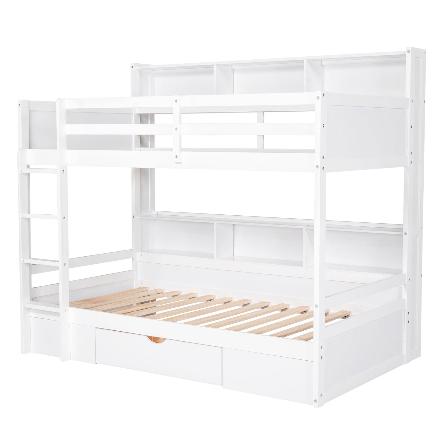Twin Size Bunk Bed With Built-In Shelves Beside Both Upper And Down Bed And Storage Drawer - White