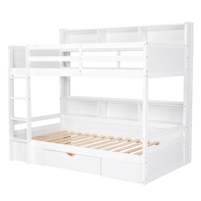 Twin Size Bunk Bed With Built-In Shelves Beside Both Upper And Down Bed And Storage Drawer - White
