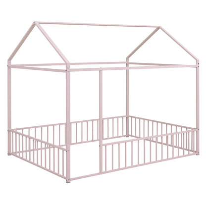 Full Size Bed House Bed Frame With Fence - Pink