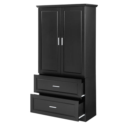 Tall Bathroom Storage Cabinet, Cabinet With 2 Doors And Drawers, Adjustable Shelf - Black