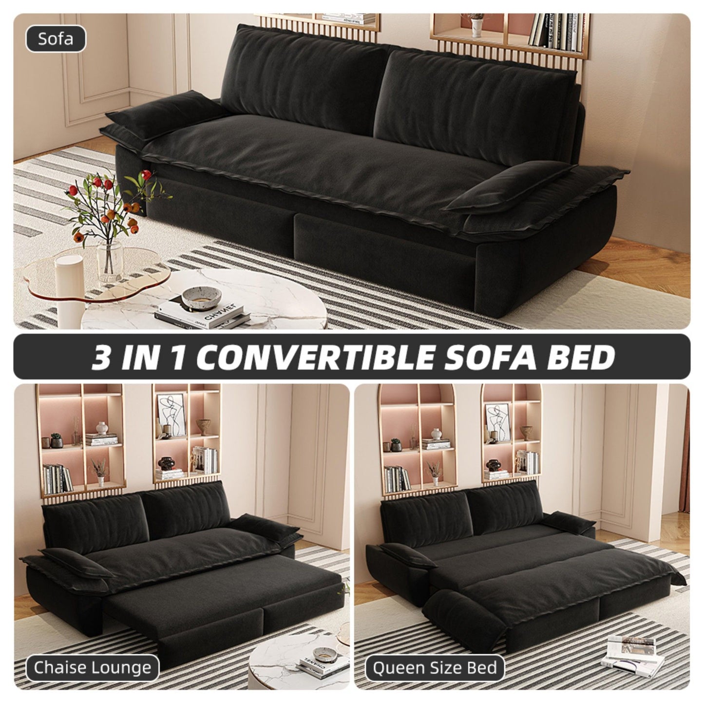 Queen Pull Out Sofa Bed, 3 In 1 Convertible Sleeper Sofa Multifunctional Velvet Loveseat Bed - Black