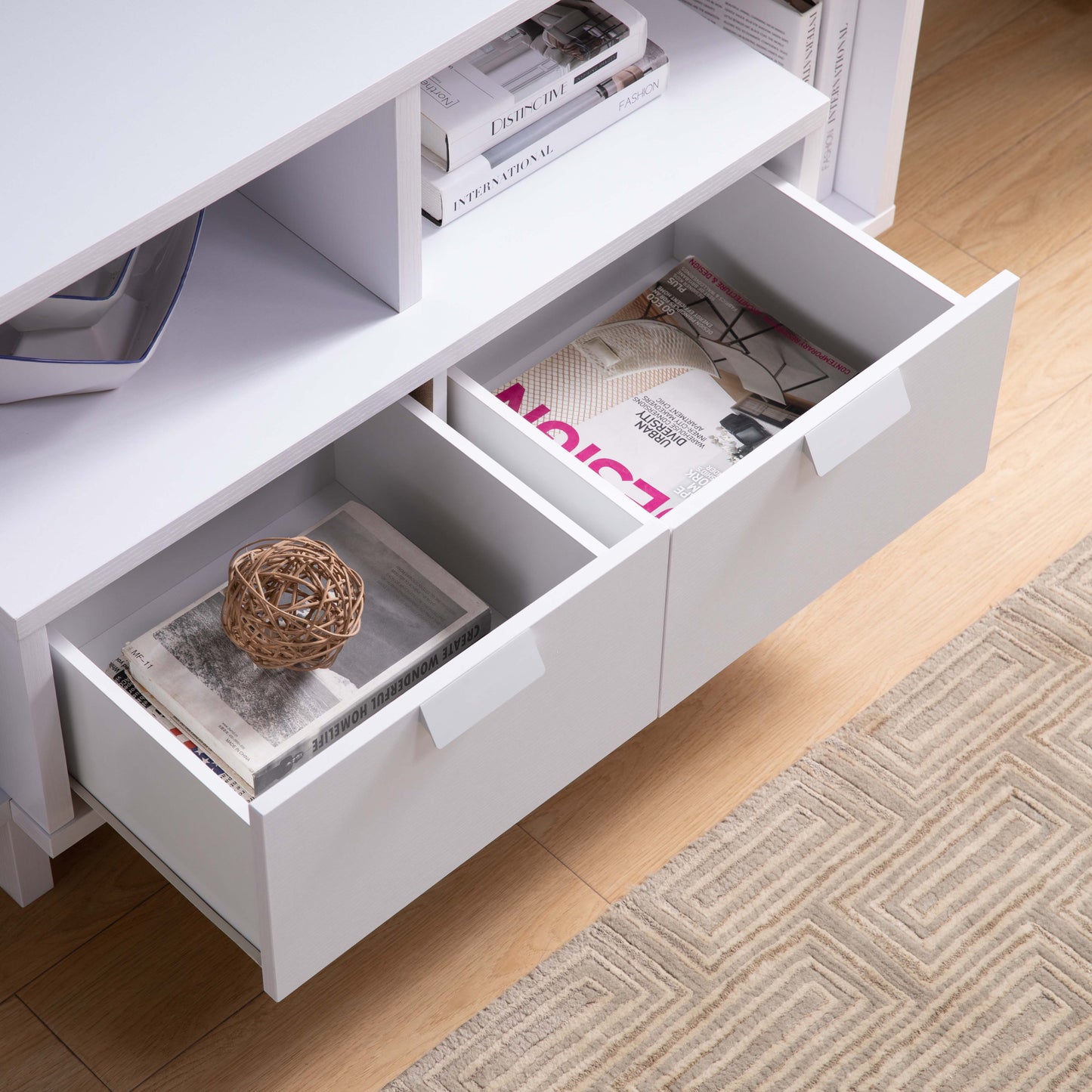 Modern TV Stand & Two Shelves And Two Drawers - White