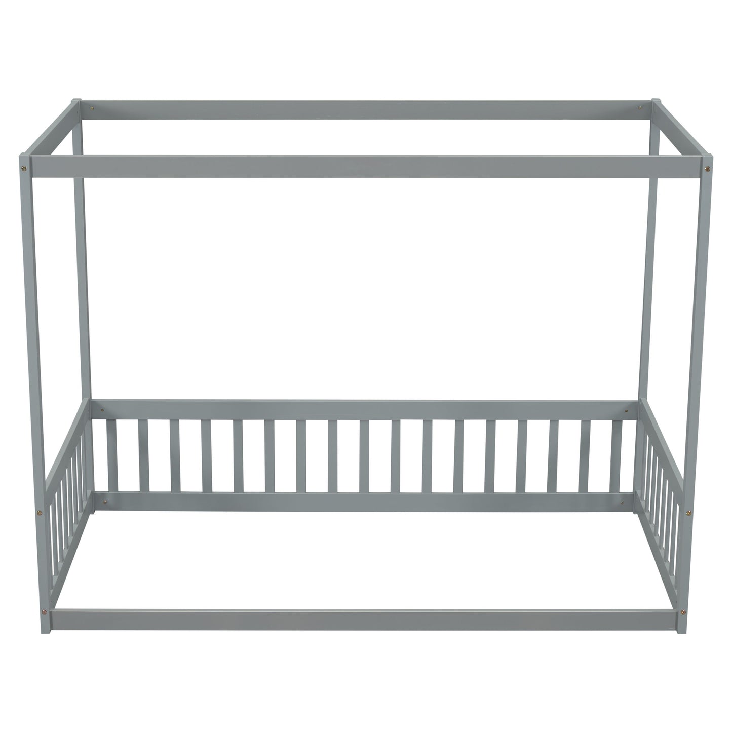 Twin Size Canopy Frame Floor Bed With Fence, Guardrails - Gray