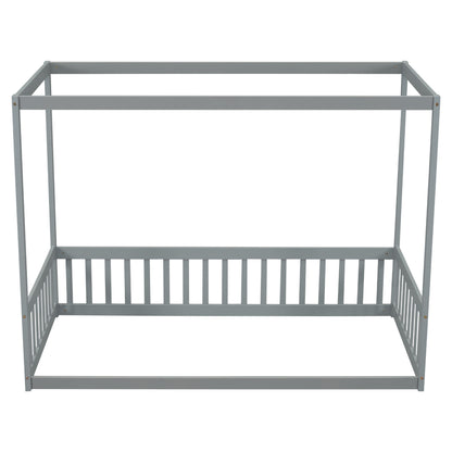 Twin Size Canopy Frame Floor Bed With Fence, Guardrails - Gray