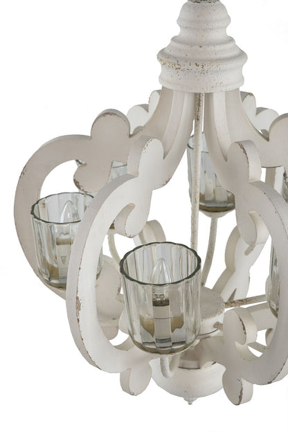 Farmhouse Chandelier, 6 Light Wood Chandelier Pendant Light Fixture With Adjustable Chain For Dining Room Living Room Entryway, Bulb Not Included - Cream