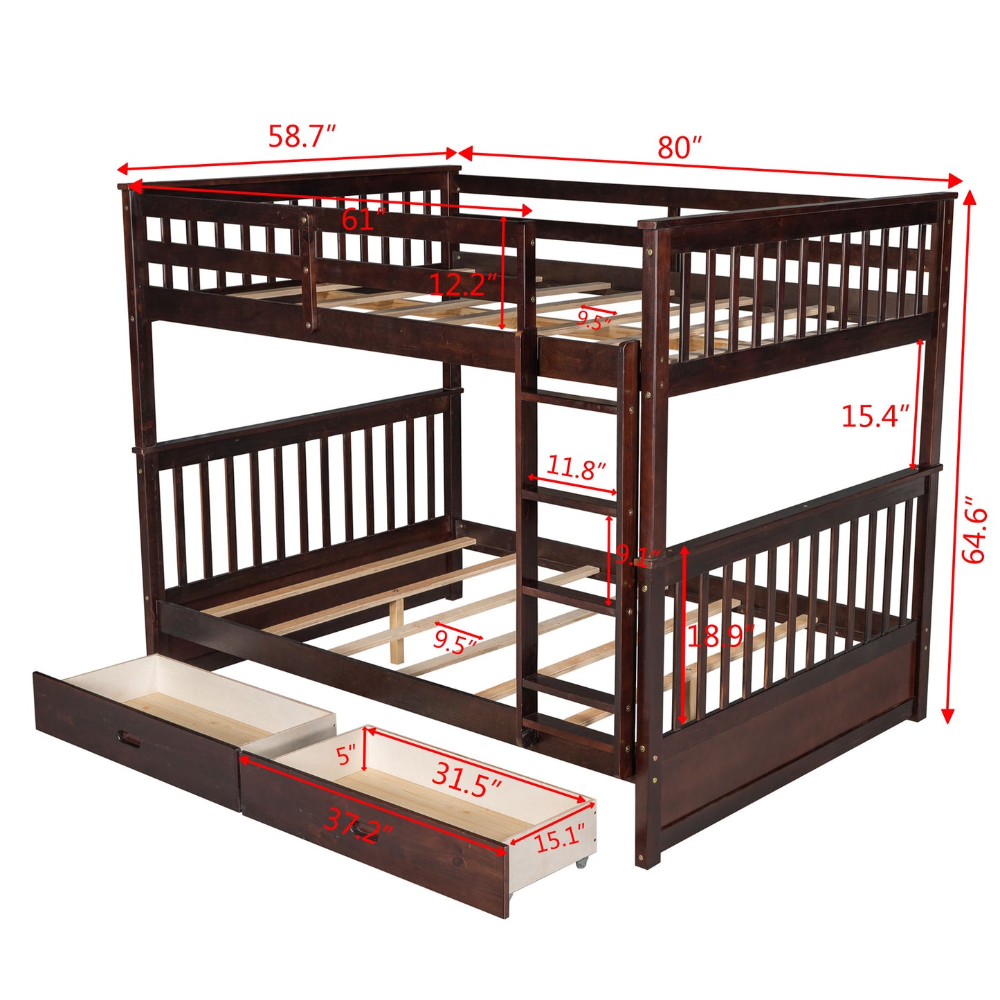 Full Over Full Bunk Bed With Ladders And 2 Storage Drawers - Espresso