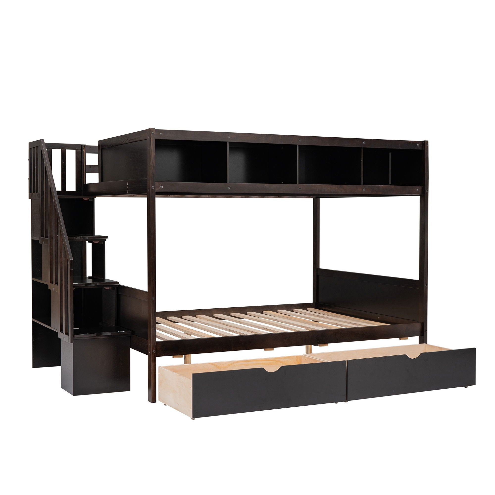 Twin Over Full Bunk Bed With Shelfs, Storage Staircase And 2 Drawers - Espresso