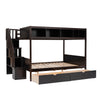 Twin Over Full Bunk Bed With Shelfs, Storage Staircase And 2 Drawers - Espresso
