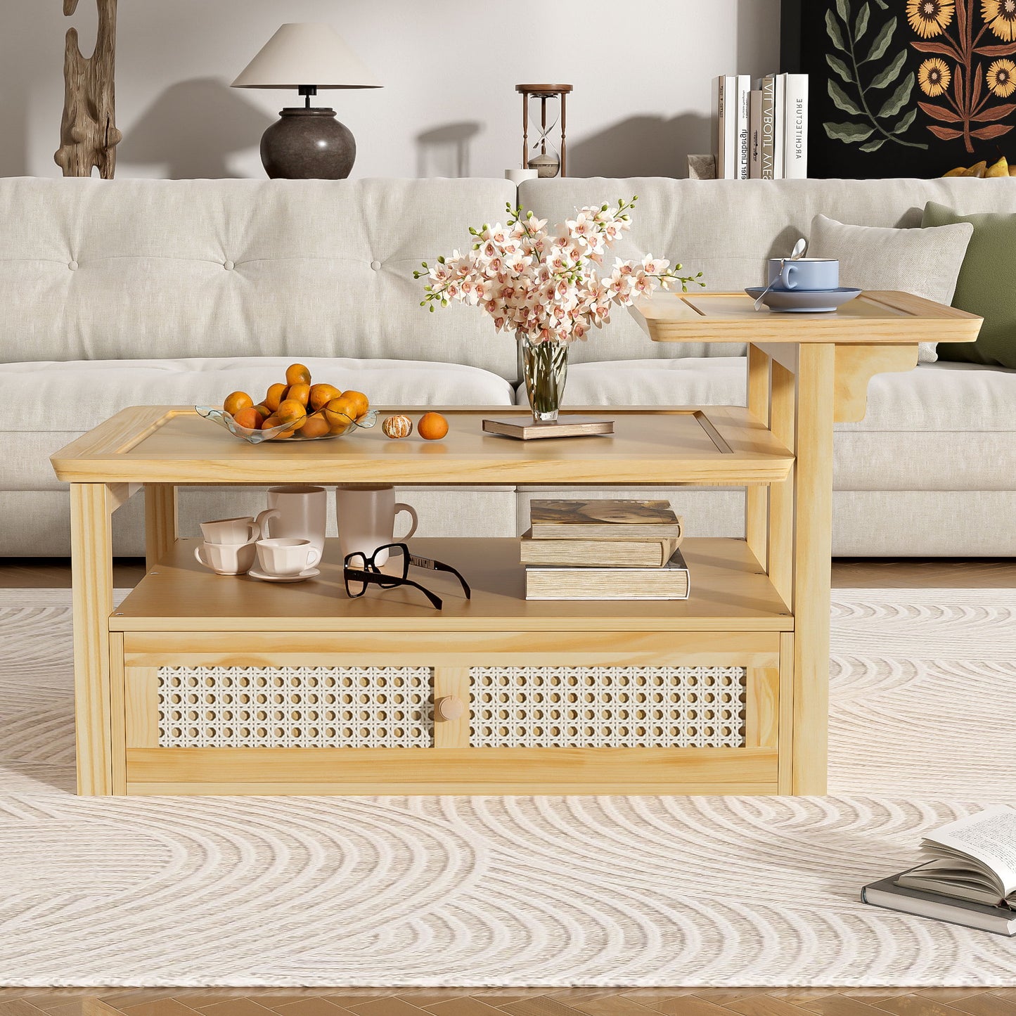 Modern Coffee Table, Coffee Table With 1 Storage Shelf, 2 Tabletops And 1 Rattan Drawer For Living Room - Natural