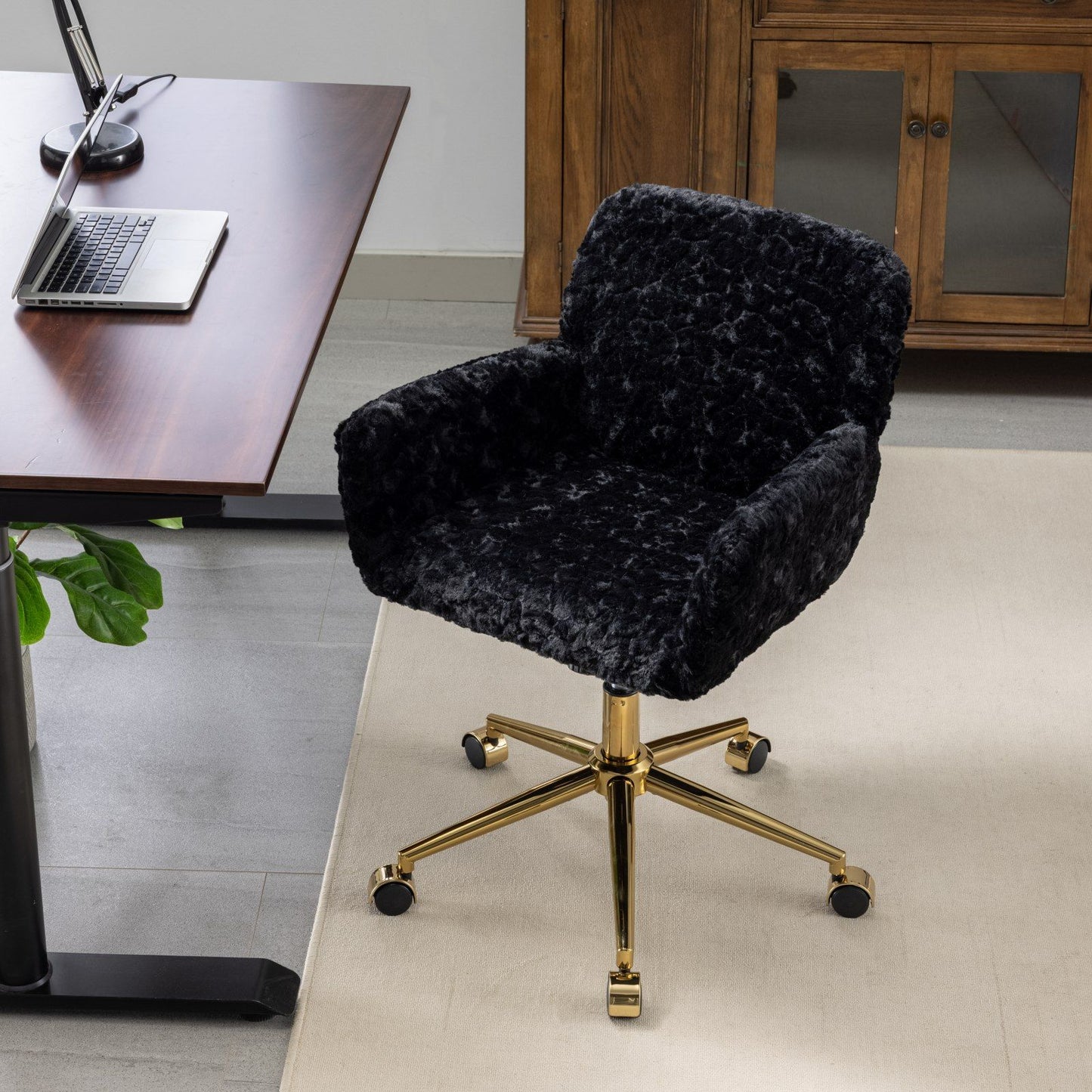 Office Chair, Artificial Rabbit Hair Home Office Chair With Golden Metal Base, Adjustable Desk Chair Swivel Office Chair, Vanity Chair - Black