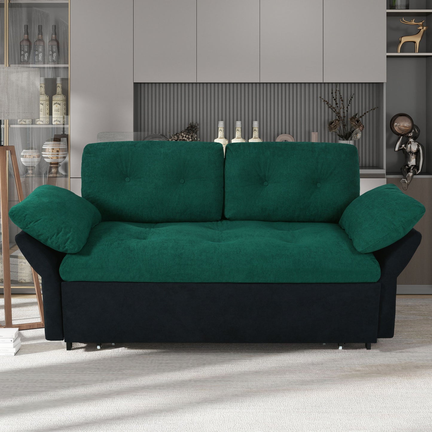Modern Convertible Sleeper Sofa Bed With Pull Out Queen Design, Side Storage & Thick Cushions Chenille Loveseat For Living Room Or Bedroom 3 In 1 Function - Green