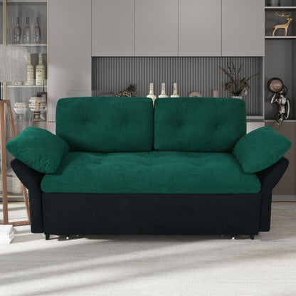 Modern Convertible Sleeper Sofa Bed With Pull Out Queen Design, Side Storage & Thick Cushions Chenille Loveseat For Living Room Or Bedroom 3 In 1 Function - Green