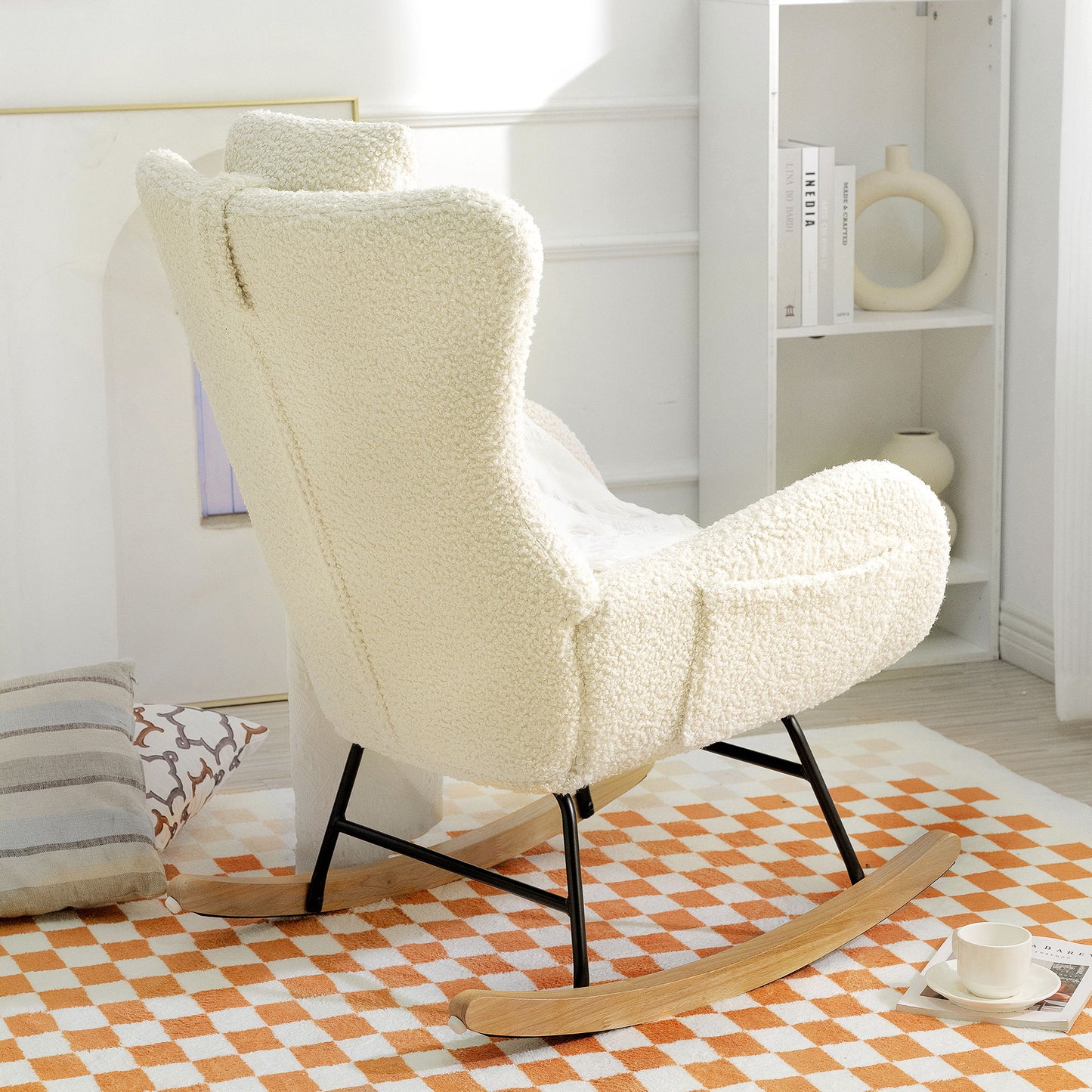 Rocking Chair Nursery, Teddy Upholstered Rocker Glider Chair With High Backrest, Adjustable Headrest & Pocket, Comfy Glider Chair For Nursery, Bedroom, Living Room, Offices, Rubber Wood - Beige
