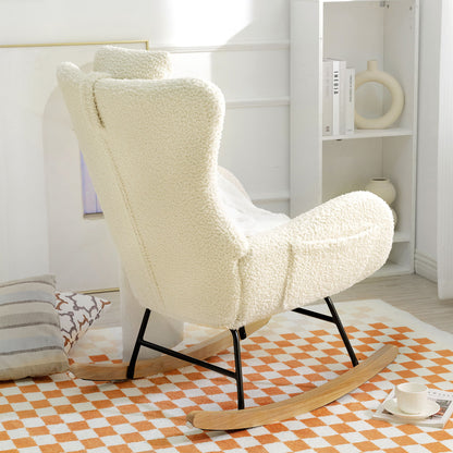 Rocking Chair Nursery, Teddy Upholstered Rocker Glider Chair With High Backrest, Adjustable Headrest & Pocket, Comfy Glider Chair For Nursery, Bedroom, Living Room, Offices, Rubber Wood - Beige