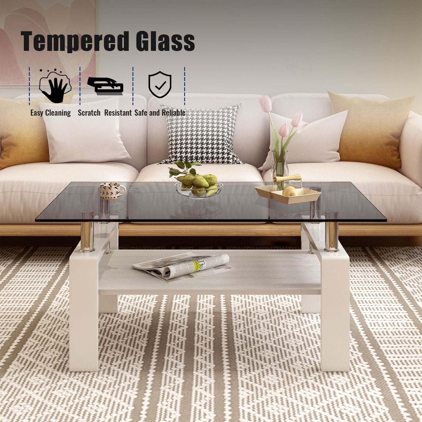Modern Rectangular Coffee Table With Tempered Glass Top Layer, Table For Living Room - Gray
