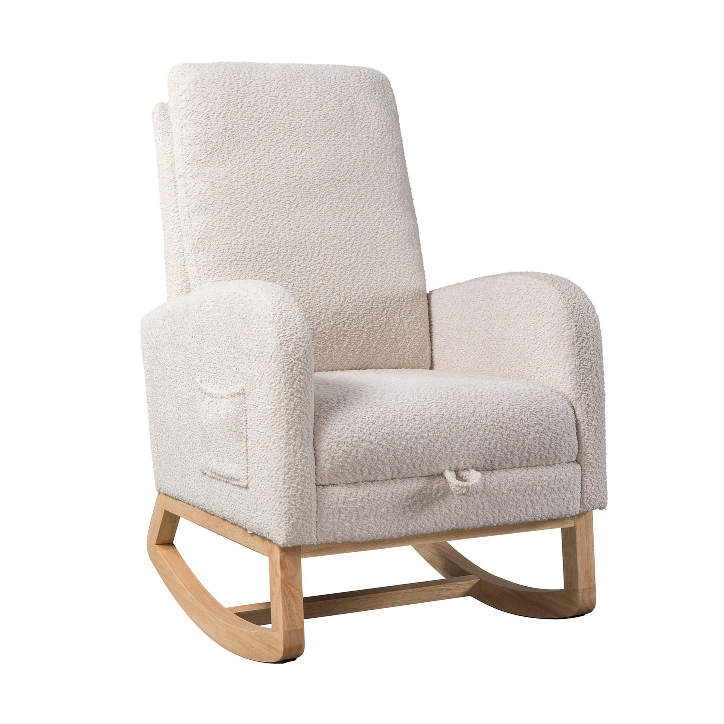 Rocking Chair For Nursery, High Back Glider With Retractable Footrest, Boucle Upholstery, Rubber Wood Legs - Ivory