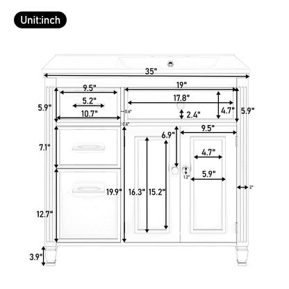 Modern Bathroom Vanity With Ceramic Sink, Freestanding, One Tip - Out Drawer, 3 Side Drawers, Adjustable Shelf - Beige